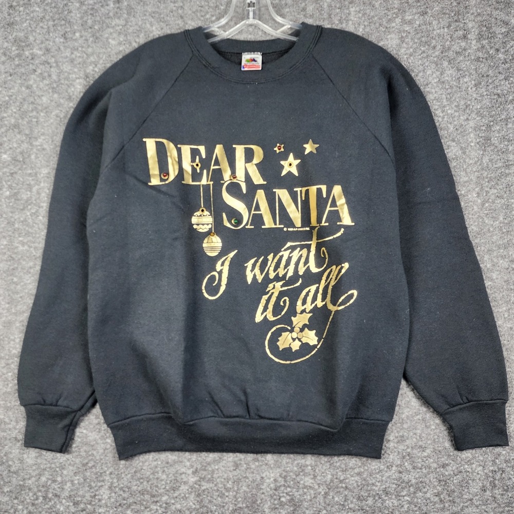 Fruit of the Loom Sweatshirt Unisex Large Black Vintage 1989 Dear Santa Gold